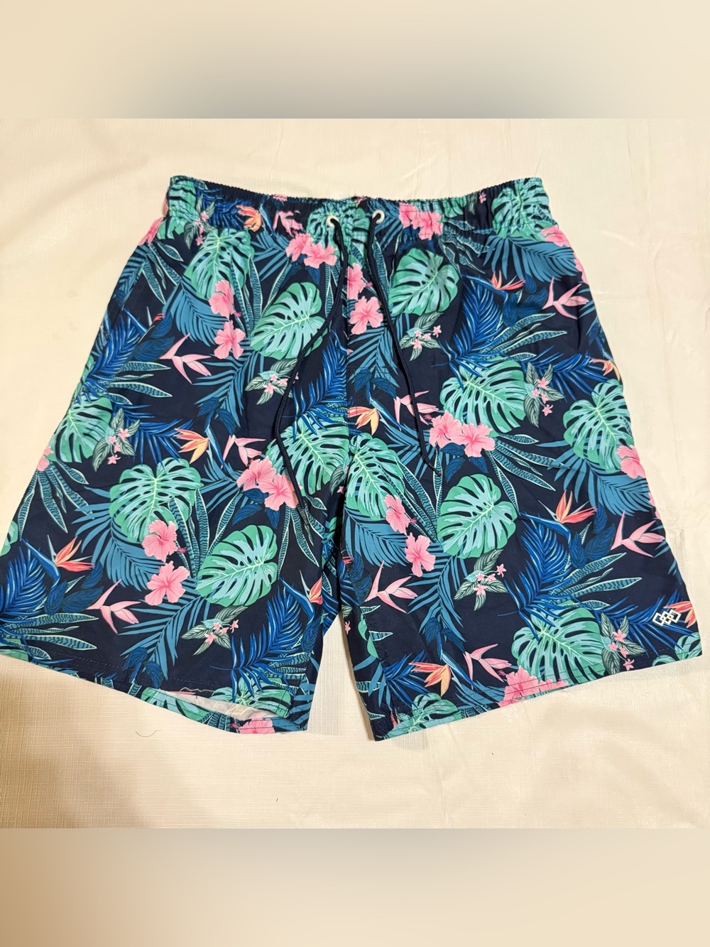 LEGEND Tropical Navy Men's Swim Board Shorts w/ Pink & Green Floral Print size M